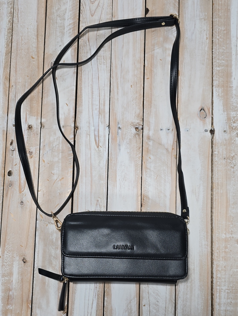 Lanyani RFID Blocking Black Leather Crossbody Wallet Purse